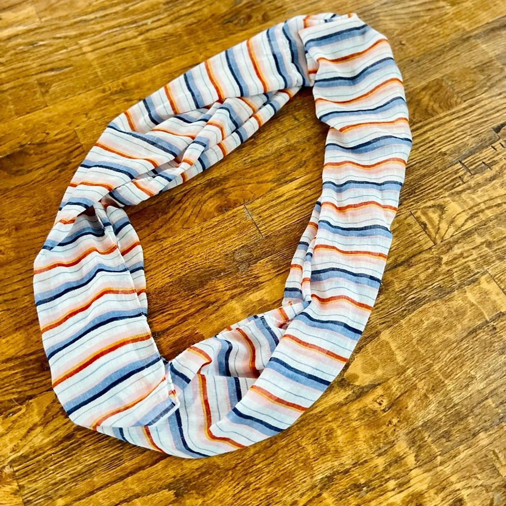 PREPPY Striped Infinity Scarf Head Wrap + Hair Tie - White Blue & Orange Stripes